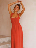 Poshoot Casual Summer Dress Women Solid Color Fashion Backless Halter Cotton Long Elegant Linen Orange Maxi Dresses Female 2022 Vestido