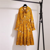POSHOOT  Chiffon Women Shirt Dress Elegant Print Floral High Waist Casual Vintage Midi Dress Korean Bow Sun Ladies Vestidos