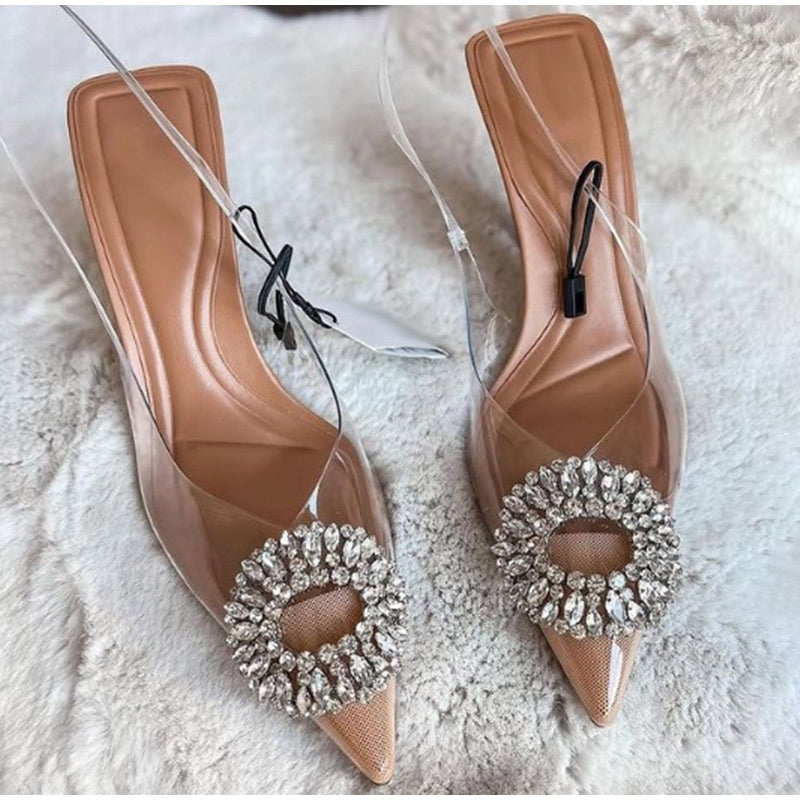 POSHOOT Rhinestones Pointed Toe Women Sandals New Female Transparent Thin High Party Shoes Ladies Sexy Pu Leather Shallow Footwear 2022