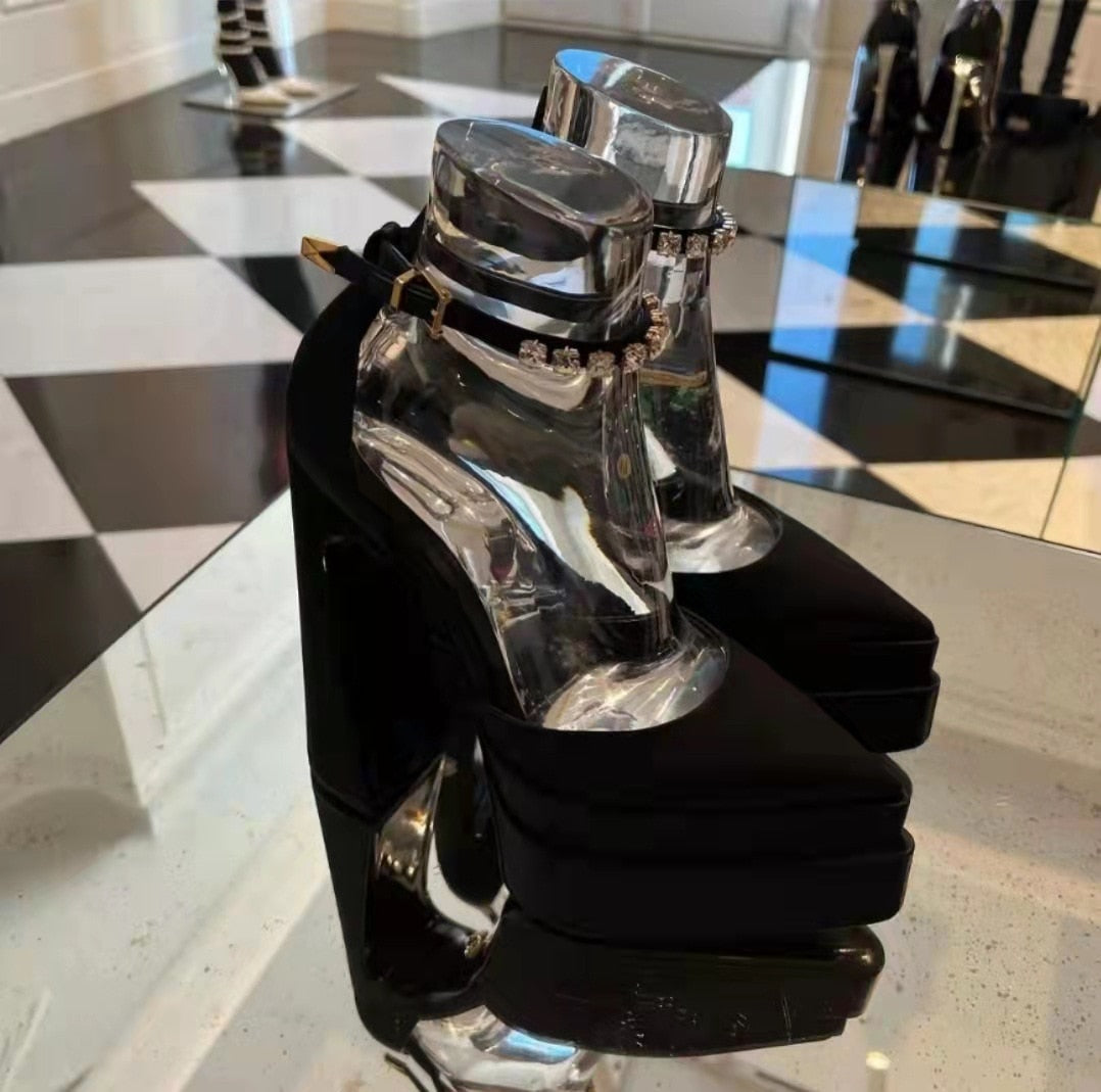 POSHOOT Women Pumps High Heels Pointed Toe New High Quality Brand Genuine Leather Buckle Platform Chunky Heeled Wedding Shoes