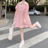 Poshoot Japan Style Women's Dress Cartoon Bear Print Puff Sleeve Turn-Down Collar Kawaii Dress Women Summer A-Line Mini Dress