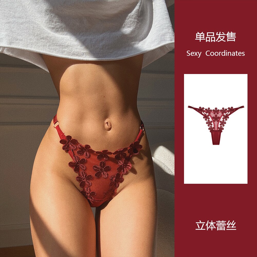 Poshoot    Flower Embroidered Mesh Thongs Sexy Transparent Lace Women's Underwear Thin Low Waist Hollow Out Panties Seamless Briefs