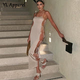 Poshoot Casual Loose Summer Side Hollow Out Bandage Long Dress Streetwear Beige Sexy Lace-Up Sapghetti Strap Party Nightclub Vestito