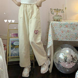 Poshoot  Autumn Outfits  Kawaii Cute Heart Beige Wide Leg Pants Women Japanese Style Oversize Baggy Trousers Sweet High Waist Casual Pantalons