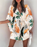 Poshoot Summer Mini Loose Dress Casual Drawstring Tie-Up Fashion Print Batwing Sleeve Beach Sexy Button V Neck Women Party Dresses