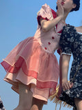 POSHOOT Pink Vintage Kawaii Lolita Dress Women Puff Sleeve France Elegant Party Mini Dresses Lace Sweet Cute Princess Dress Summer 2022