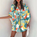 Poshoot Summer Mini Loose Dress Casual Drawstring Tie-Up Fashion Print Batwing Sleeve Beach Sexy Button V Neck Women Party Dresses