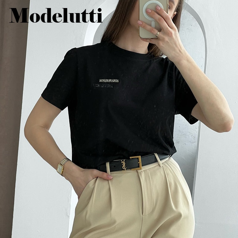 Back To School Poshoot 2022 New Summer Fashion Slim Round Neck With Inlaid Short Sleeve T-Shirt Women's  Solid Simple Casual Tops Female