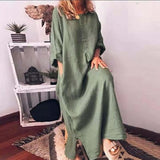 Vintage Casual Crew Neck Long Maxi Dress Women 2023 Spring Solid Pocket Simple Cotton Dress Autumn Long Sleeve Loose Boho Dress