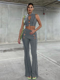 2023 Hollow Out Flare Trouser Set Summer Women Casual Solid Sleeveless Lapel Crop Top And Trumpet Long Pant Two Piece