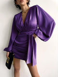 Poshoot 2023 Autumn Winter Women Satin Mini Dress Elegant Office Long Sleeve V-Neck Solid Purple Dress For Women