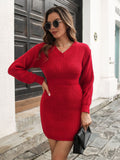 Poshoot Women Long Sleeve Autumn Winter Sweater Sheath Mini Dresses Female Solid Color V Neck Knitted Tight Short Dress