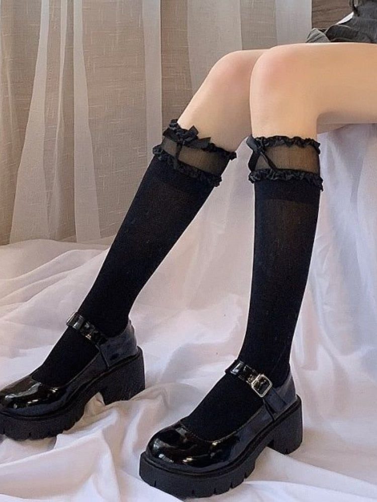POSHOOT Bow Lace Lolita High Tube Thigh Knee Socks Female Black And White Cute Midi Tube Love Kawaii Sweet Japanese College Style Socks