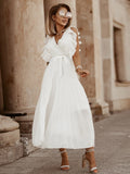 Poshoot V Neck Pleated Korean Chiffon White Long Summer Dress Women Lace Up Holiday Sexy Elegant Beach Maxi Dresses Female 2022 Vetido