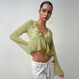 POSHOOT See Through Cardigan Top Green Long Sleeve Crop Top 2022 Square Collar Y2K T-Shirt Mesh Sexy Club Party Women Outfits