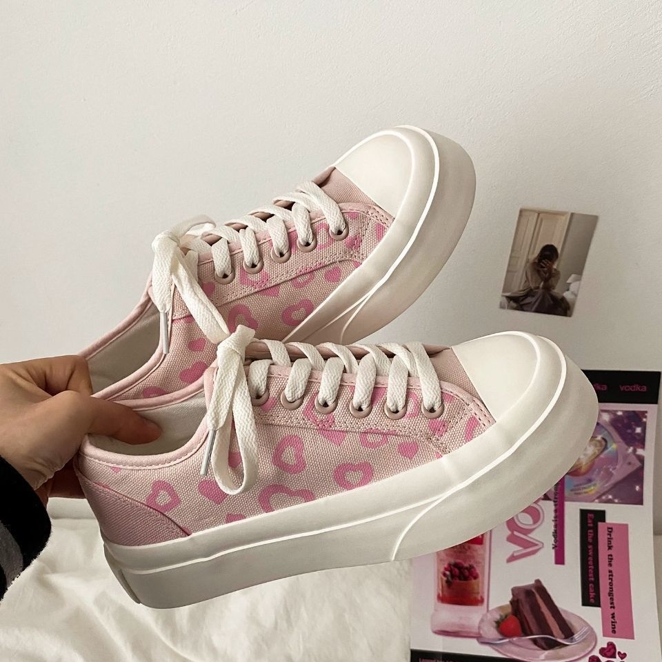 Back To School Poshoot Fashion 2022 Pink Heart Print Canvas Sneakers Spring Casual Zapatillas Mujer Students Daily Footwear Woman Vulcanize Shoes