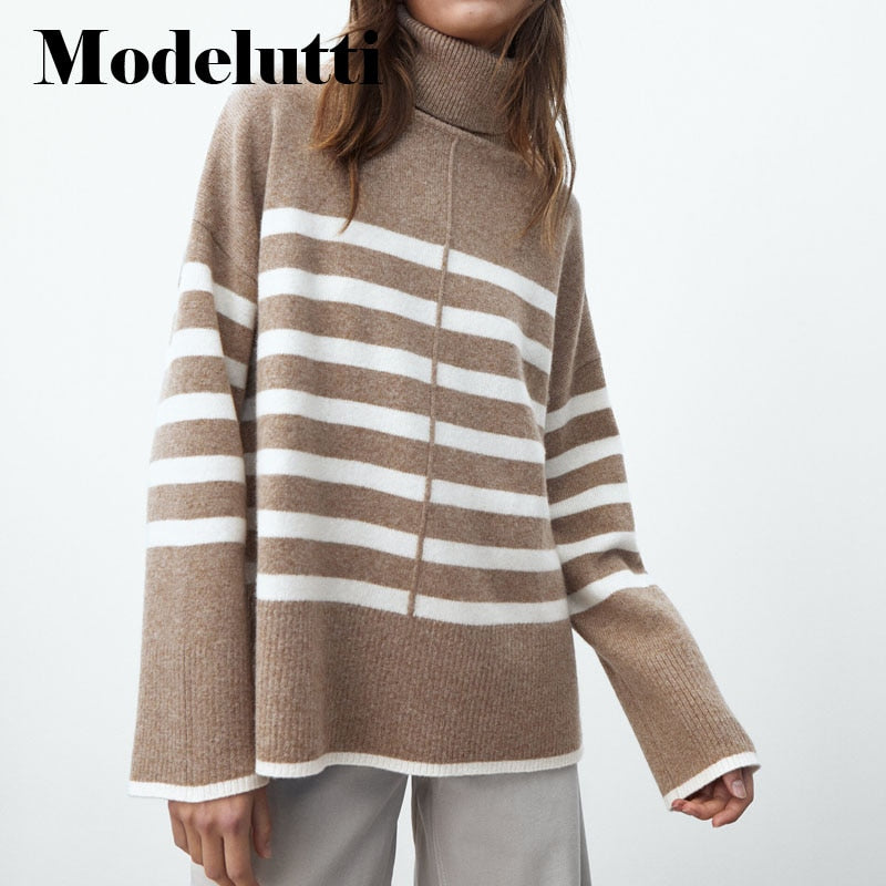 Back To School Poshoot Winter 2022 New Sweaters Vestidos England Style Fashion Simple Striped Turtleneck Leisure Warmth Knitted Women Top