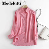 Back To School Poshoot 2022 New Spring Fashion Long Sleeve Folded Sleeves Linen Shirt Women Casual Solid Color Blouses Simple Tops Female