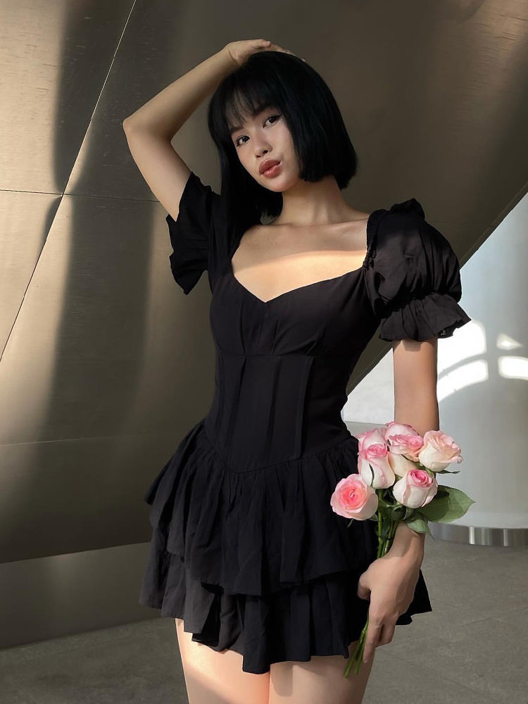 POSHOOT Fashion Elegant Black Puff Sleeve Corset Party Dress Female Mini Chic Solid Ruffles Summer Pleated Dress Double Layer