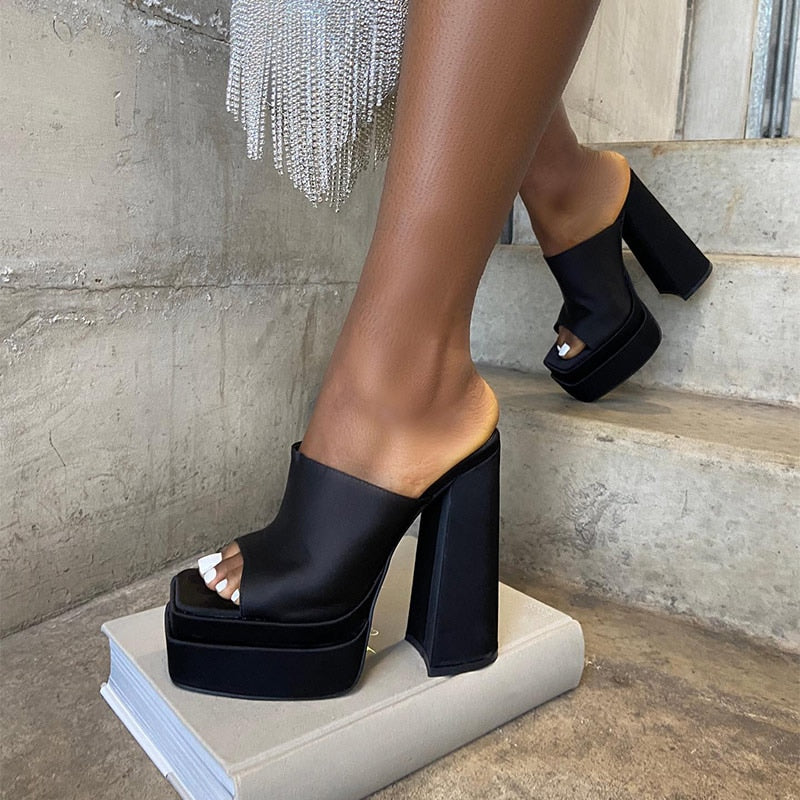 POSHOOT Super High Heel Pumps Double Platform Square Toe Sandals PU Leather High Heels Party Summer Female Pumps 2022 Fashion Shoes