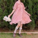 Poshoot Lolita Style Summer Women's Dress Kawaii Edible Tree Fungus Ball Gown Dress Peter Pan Collar Bandage Puff Sleeve Dresses