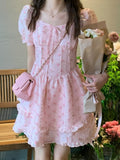 POSHOOT Summer Floral Kawaii Party Mini Dress Women Print Pink Korean Style Chic Fairy Dress Puff Sleeve Princess Sweet Cute Dress 2022