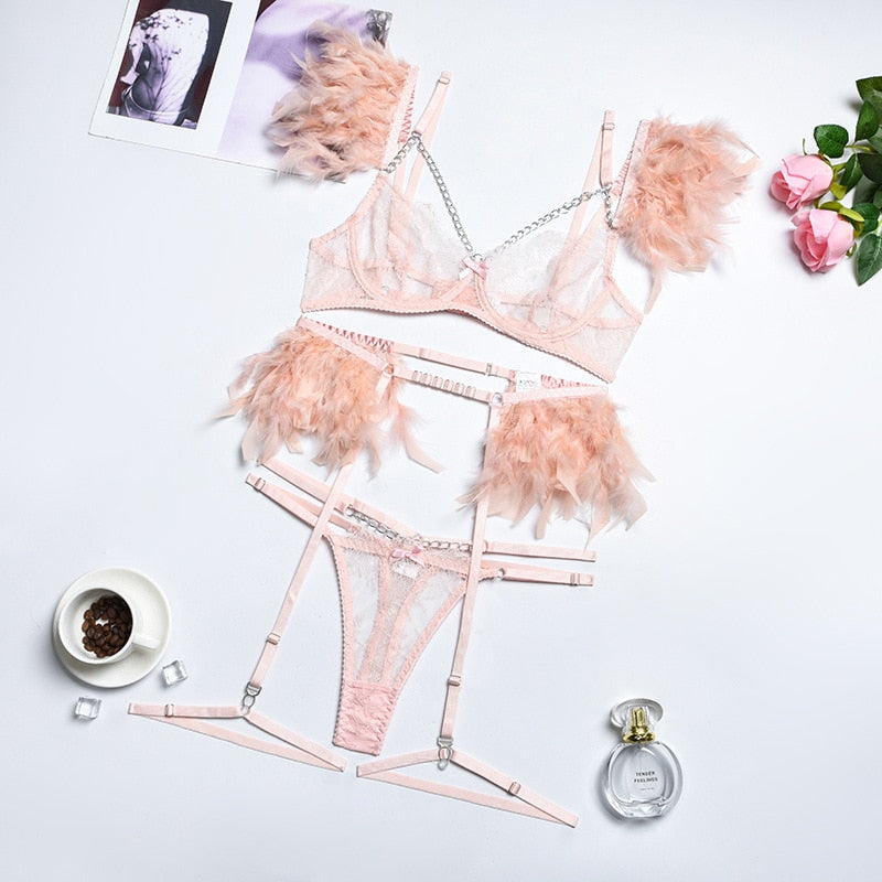 POSHOOT 3-Piece Lace Bra Set Women Chain Patchwork Panty Underwear Set Pink Ladies Sexy Lingerie Set