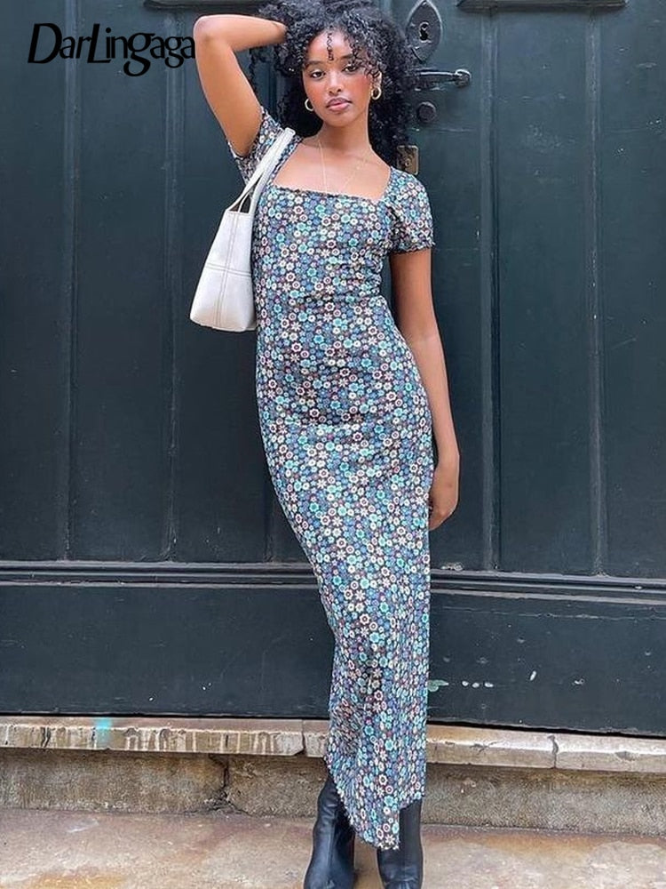 POSHOOT  Vintage Fashion Square Neck Printing Floral Maxi Dresses Chic Summer Beach Dress Women Outfits Long Sundress Y2K Cute