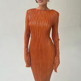 POSHOOT Basic Orange Maxi Bodycon Dress Autumn Summer Long Sleeve Pleated Dress 2022 Plisse Casual Dresses Women