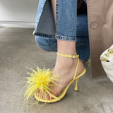 POSHOOT Women Sandals High Heels Open Toe Stiletto Feather Buckle Dress Shoes Big Size Party Shoes Sadalias