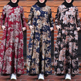 POSHOOT Casual Temperament Dress Women's Cotton And Linen Long-Sleeved Round Neck And Ankle Floral Dress Commuter All-Match Pullover