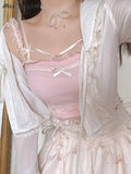 POSHOOT Pink Japanese Kawaii Lolita Crop Top Women White Korean College Style Sweet Tank Top Bow Lace France Princess Vset Female 2022
