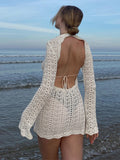 Poshoot  Knitted Backless  Summer Short Bodycon Dress Women Outfits 2023 Long Sleeve Hollow Out Mini Beach Party Dresses