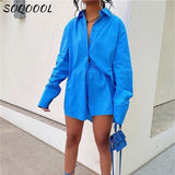 Poshoot Women Tracksuits Shirt With Mini Shorts Cotton Summer 2022 Casual Clothes Loose Long Sleeve Green Suit Two Pieces Sets Outfits
