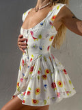 POSHOOT  Casual Beach Holidays Floral Printed Sundress Corset  Pleated Dress Women Buttons Slim Summer Low Cut Neck Cloth