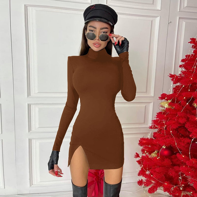 POSHOOT  2023 Long Sleeve Solid Turtleneck Cut Out Shoulder Pads Mini Dress Spring Summer Women Fashion  Party Club Outfits