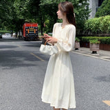 Poshoot Autumn Outfits     Korean Fashion White Tunic Dress Women Fairycore Elegant Folds Long Puff Sleeve Midi Dresses Vintage Holiday Vestidos