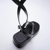 POSHOOT Summer Women Shoes Black Flat Leather Fashion Sandals Flip-Flop ZA Lace-Up Thick-Soled Ankle Strap Sandals For Women