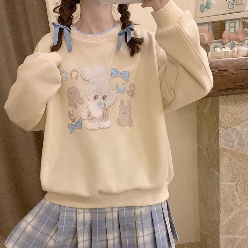 Poshoot Autumn Outfits    Kawaii Cute Rabbit Sweatshirts Women Japanese Style Sweet Long Sleeve Pullover Y2k Korean Harajuku Oversized Loose Tops