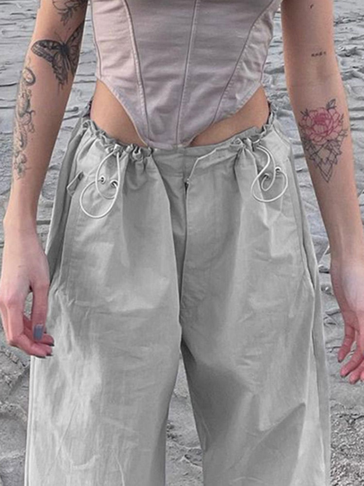 POSHOOT  Casual Loose Grey Drawstring Baggy Women's Pants Hip Hop Streetwear Low Waist Joggers Shirring Summer Trousers Bottom