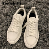 Back To School Poshoot 2022 Spring Autumn England Style Fashion Genuine Leather Cowhide Casual Vulcanized Pure White Shoes Sneakers Woman