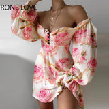 Women Chic Lantern Sleeves Floral Print button lace up A-line Party mini sexy Dress