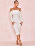 Mesh Sheer Off Shoulder Midi Party Dress Women Spring Elegant Long Sleeve Ruched Bodycon Dresses White Backless Vestidos