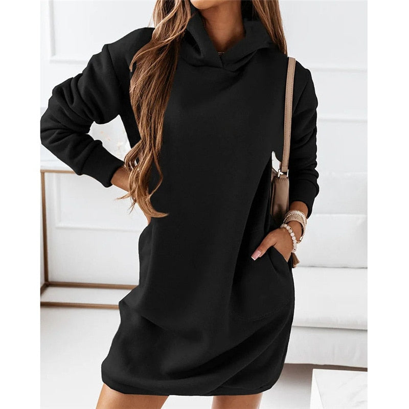 POSHOOT 2022 Spring Sport Women's Hoodies Dress Black Solid Long Sleeve Casual Female Dresses 2022 Autumn Fashion Casual Ladies Clothes