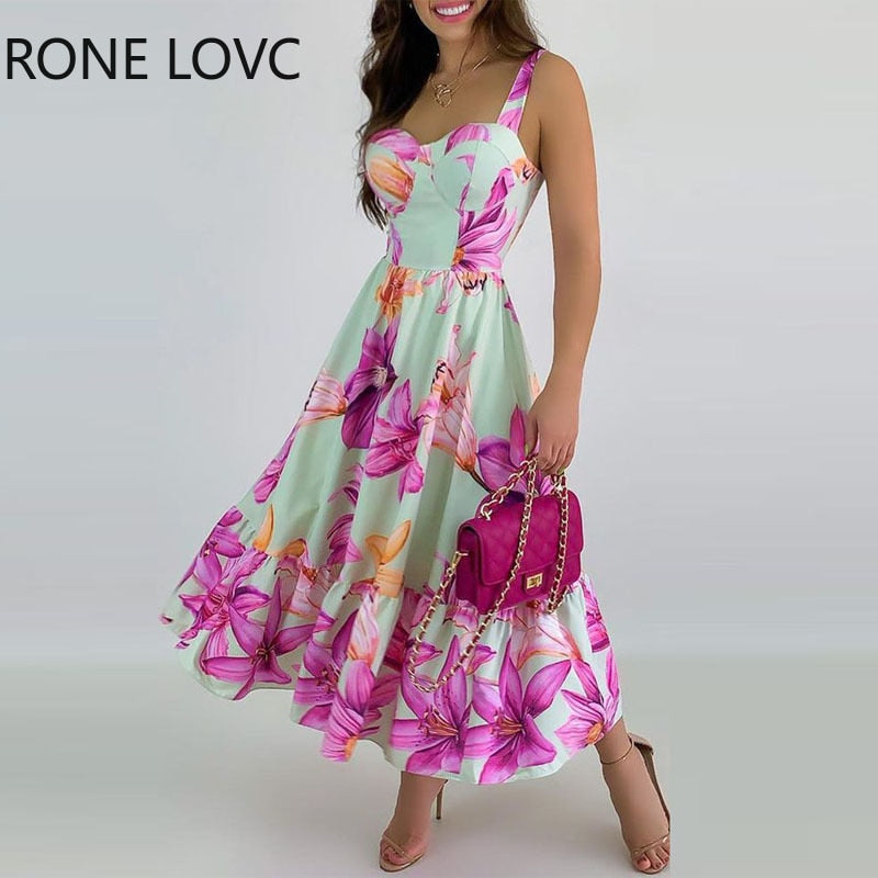 Women Chic Cami Sleeveless Floral Print Ruffle Hem Midi A Line Sexy Dresses