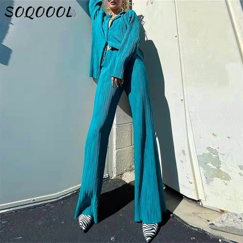 Poshoot Women's Suit Loose Two Piece Set Pleated Long Sleeve Shirt High Waist Wide Leg Pants 2022 Casual Elegant Office Ladies Outfits