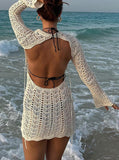 Poshoot  Knitted Backless  Summer Short Bodycon Dress Women Outfits 2023 Long Sleeve Hollow Out Mini Beach Party Dresses