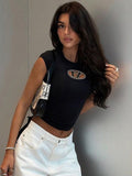 Y2k Top Shirts for Women Fashion Street Spice Girl Slim Show Chest D Embroidery Crop Short Open Umbilical Versatile Top