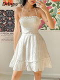 POSHOOT  Fashion Halter Off Shoulder Summer White Dress Female Ruffles Stitching Beach Sundress Ruched White Jacquard Outfits