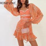 Women Chic Long Lantern Sleeves Detail Ruffles Hem Floral Print Hollow Out A-line Party Mini Chiffon Sexy Dress